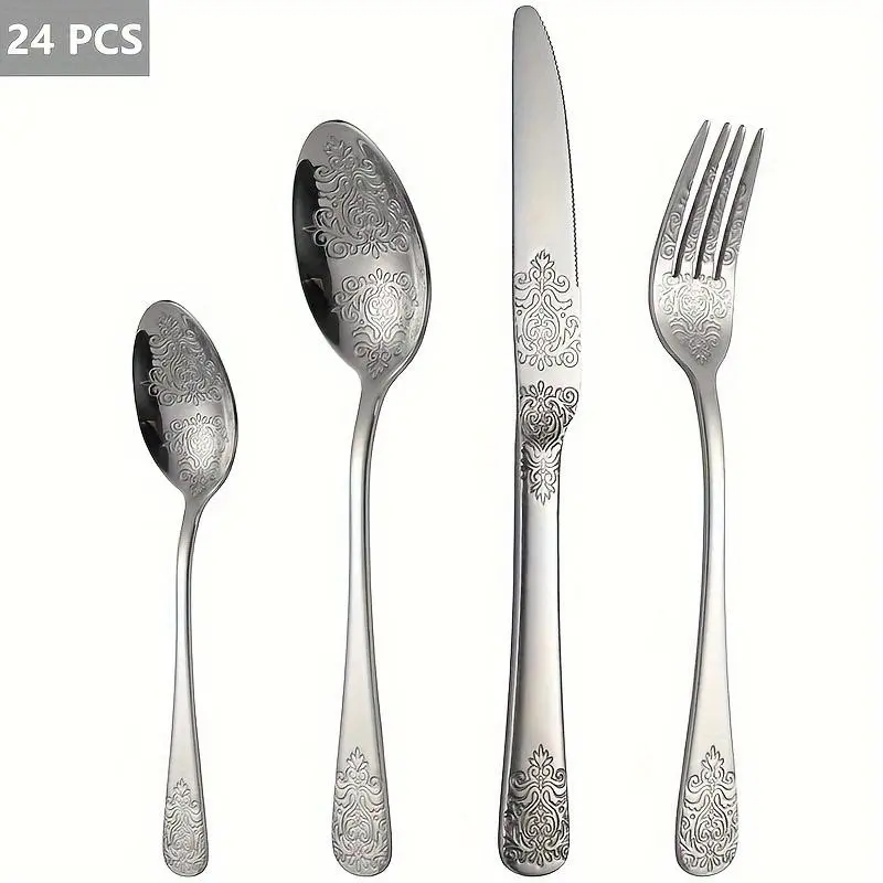 Stainless Steel Tableware Set, 24pcs Vintage Mirror-polished Cutlery Set, Including Knife, Fork, Spoon, Dessert Spoon, Household Cutlery Sets, Dishwasher-safe