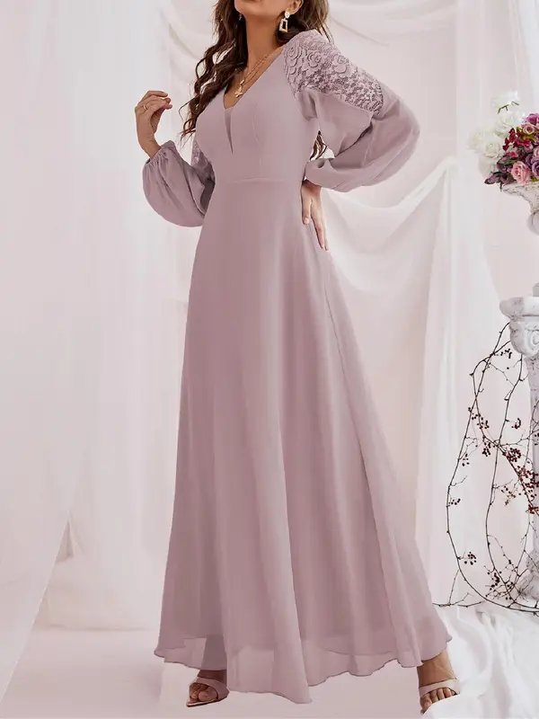 Women's Mean Girls Contrast Lace Lantern Sleeve Vneck A-line Long Dress, Chic Elegant Minimalist Chiffon Maxi Flowy Dresses for Bridesmaid Wedding Guest Party, Spring & Fall Clothes Occasional Wear 3
