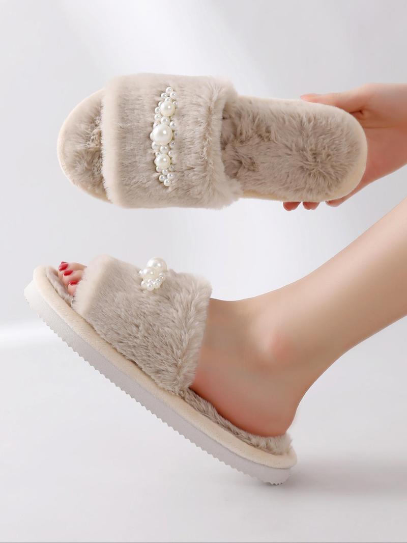 Product Introduction of Women's Faux Pearl Decorated Plush Slippers, Casual Soft Comfortable Home Slippers, Warm Slippers for Indoor & Outdoor Use for Women & Girls 16