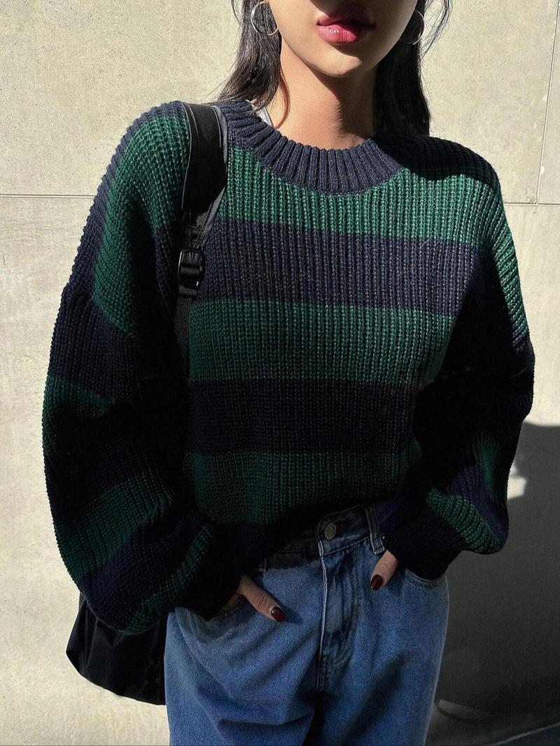 Product Introduction of Women's Colorblock Striped Print Drop Shoulder Sweater, Casual Long Sleeve Round Neck Jumper for Fall & Winter, Fashion Ladies' Knitwear for Daily Wear 5