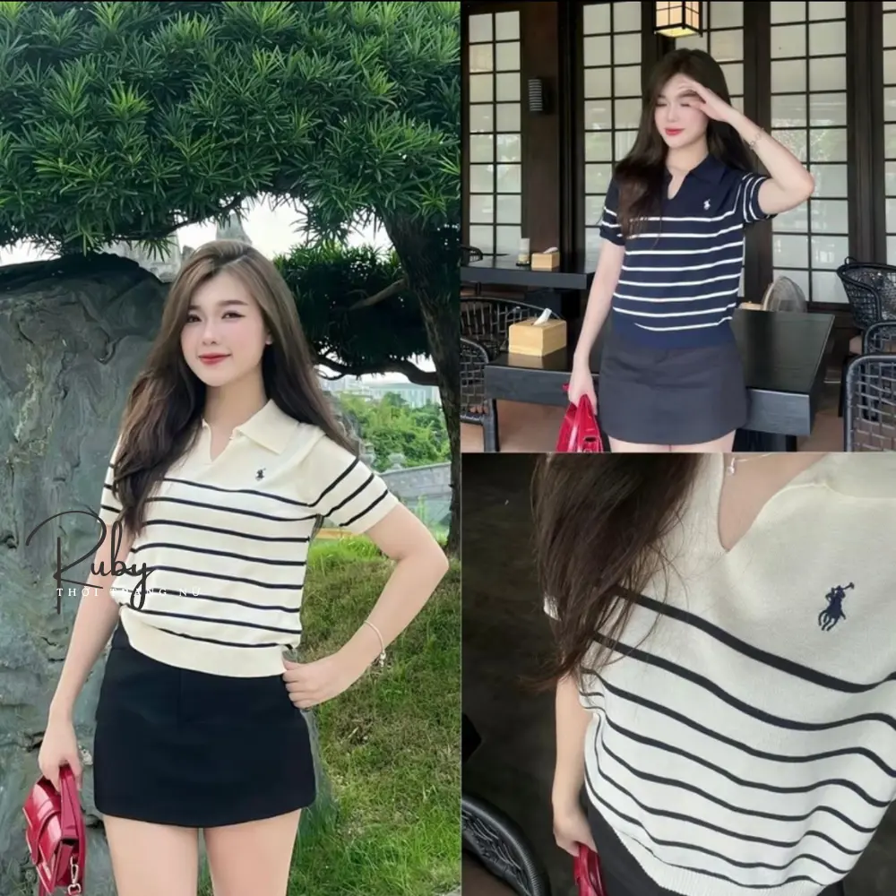 Áo len nữ, áo len cộc tay nữ cổ bẻ thêu ngựa len mongtoghi ngắn tay dáng ôm vừa phong cách Hàn Quốc màu trắng đen be