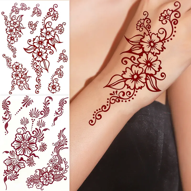 Maroon Brown Henna Tattoo Stickers for Hand Flower Waterproof Temporary Tattoos for Women Fake Tattoo for Wedding Festival