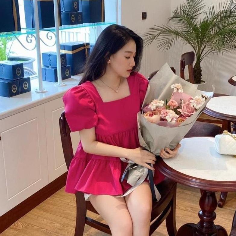 Áo bầu babydoll [AB3] cổ vuông tay bồng màu hồng