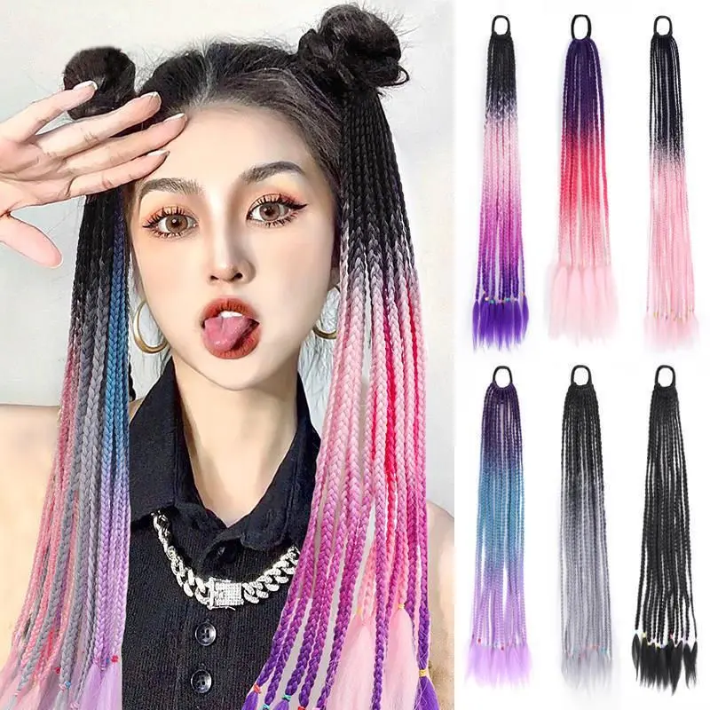 Hip-hop Style Dirty Wig Hairband for Women Braided Gradient Colored Twist Ponytail Wig Hair Extension Headwear