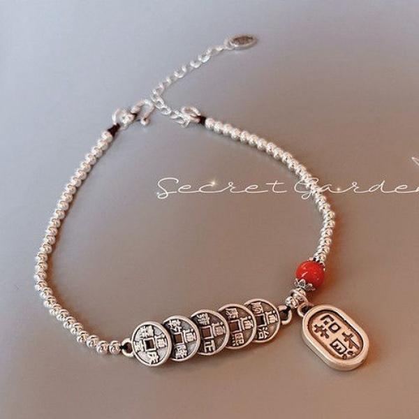 Anklet Women's 925 Silver Lucky Fortune Qing Dynasty Five Emperors' Coins Ethnic Style Bracelet Men and Women Couple's Birth Year 520 Anklet 6