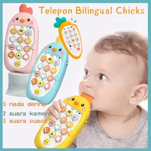 Ponsel Bayi Pembelajaran Dini Bilingual Telepon Mainan Bayi Silikon Dengan Lampu Dan Musik Mainan Gigitan Bayi