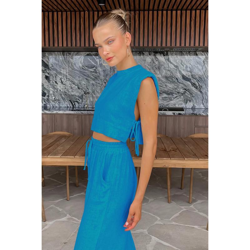 Fashion Cotton and Hemp Set Women's 2025 Summer New Style Shoulder Pads Sleeveless Top Pants Two Piece Set European and American Casual Womenswear Clothes 5