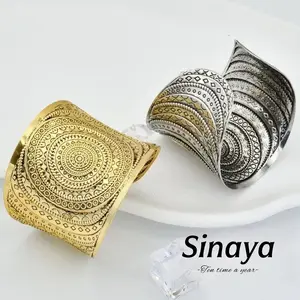 【Sinaya】Gelang Buka Logam Retro Perak Emas Berkerah Keren Khas Unik Menawan Z223