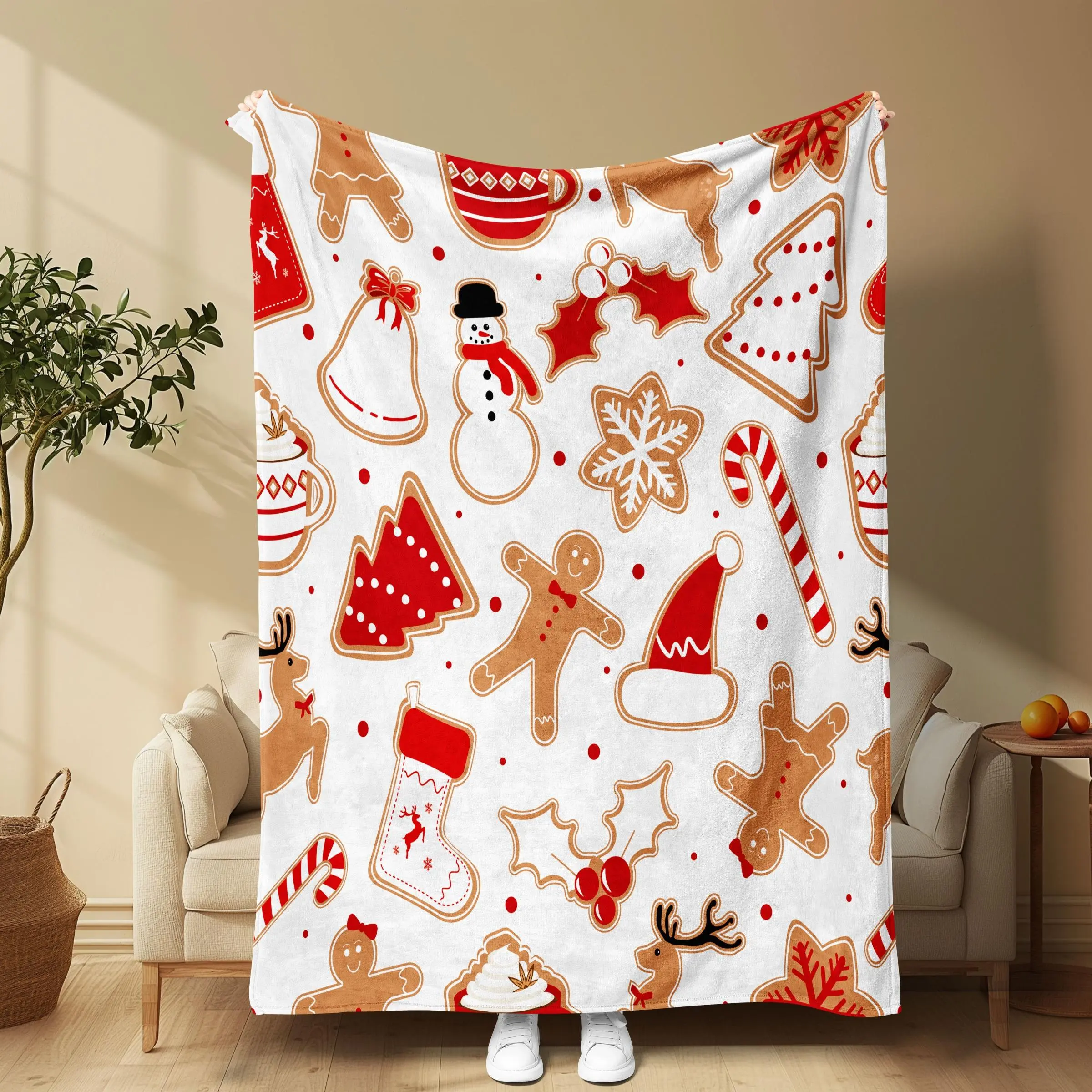 Christmas Themed Blanket, 1 Count Soft Comfortable Warm Nap  Throw Blanket, Air-conditioned Room Blanket for Home Office Travel Camping