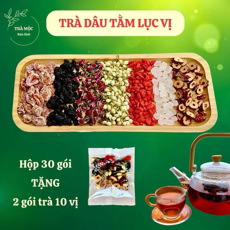 Hộp 30 Gói Trà Dâu Tằm Lục Vị Thơm Ngon, Thanh Mát (Tặng 2 gói trà 10 vị) - Dâu Tằm, Xí Muội, Hoa Hồng, Hoa Nhài, Kỷ Tử, Táo Đỏ - Nước Trà Tea Chè