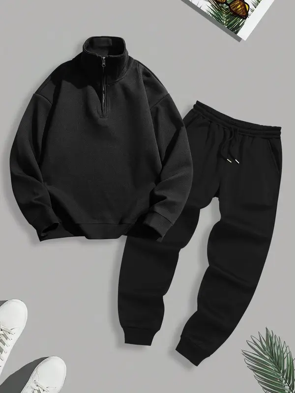 Men's Solid Half Zip Up Top & Pants Two-piece Set, Casual Long Sleeve Sweatshirt & Trousers for Spring & Fall, Men's Two-piece Outfits for Daily Wear 0