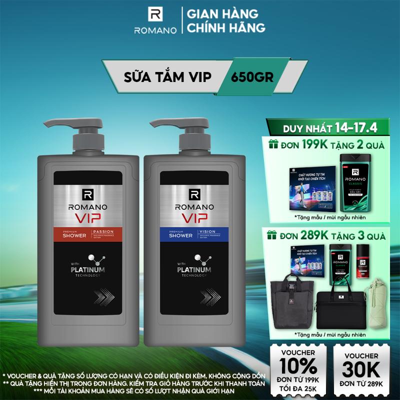 [ĐƠN 199K TẶNG 2 QUÀ] Sữa tắm Dưỡng Thể cao cấp cho nam Romano VIP sang trọng cuốn hút 650g/chai - 2 mùi hương Vision / Passion