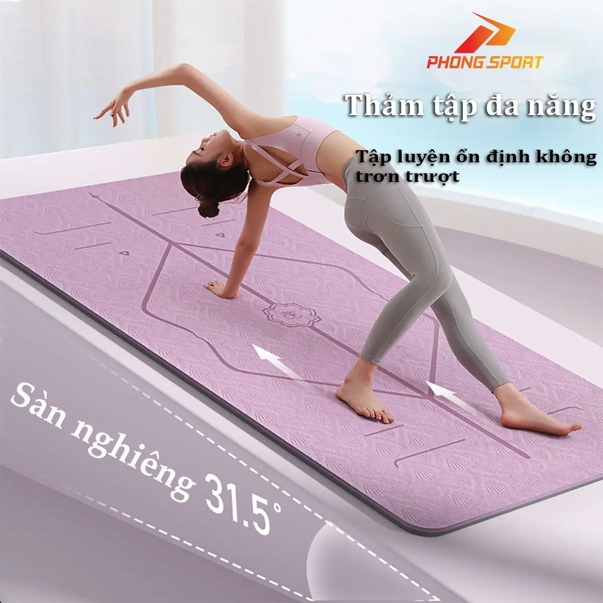 Thảm tập yoga gym tại nhà chống trơn trượt dày 6mm-10mm cao cấp PHONG SPORT, chất liệu TPE, combo thảm + TẶNG TÚI LƯỚI