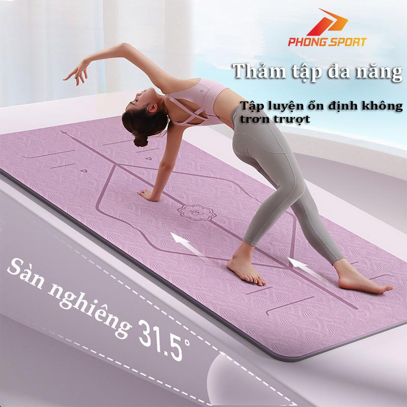 Thảm tập yoga gym tại nhà chống trơn trượt dày 6mm-8mm cao cấp PHONG SPORT chất liệu TPE định tuyến combo thảm + TẶNG TÚI LƯỚI