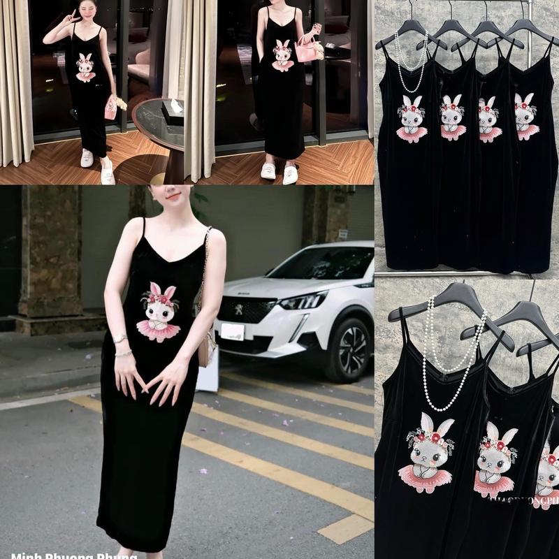 Váy nhung Hàn _2 dây thêu thỏ hồng