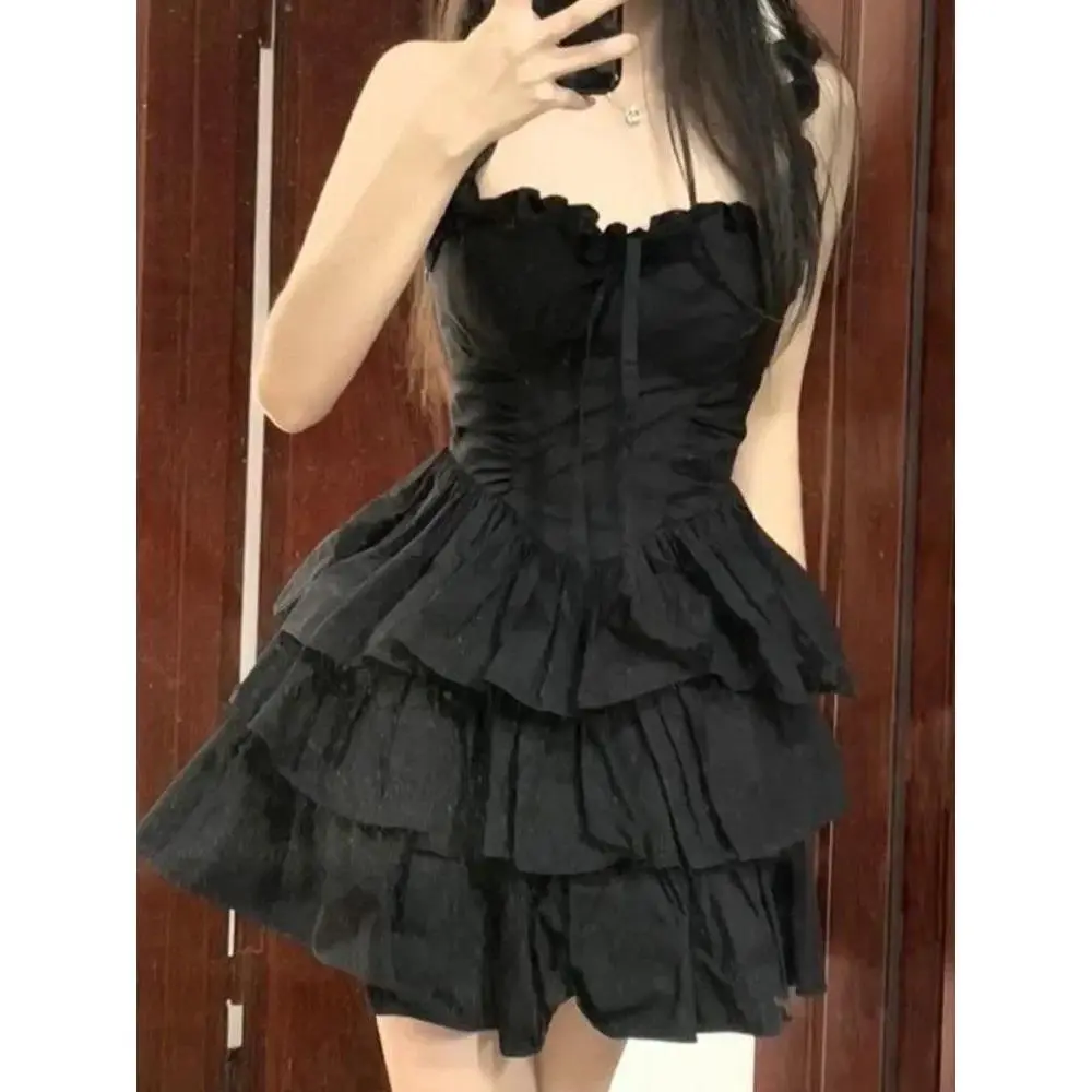 QWEEK Gothic Hrajuku Goth Lolita Kawaii Cute Black Ruffles Dress Soft Girl Y2k Coquette 2024 Fashion Cake Party Short Dresses