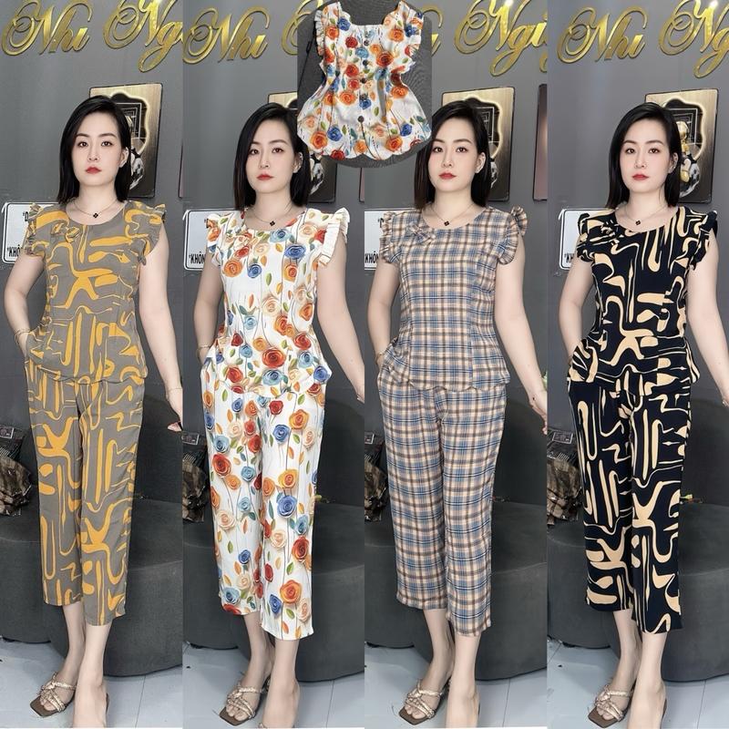 Đồ bộ mặc nhà cho nữ cổ tròn kết nơ trước ngực tay cánh tiên, sau lưng may kiểu gợn sóng kết núc gỗ quần 9 tấc chất lụa mango loại 1 - Áo, Women