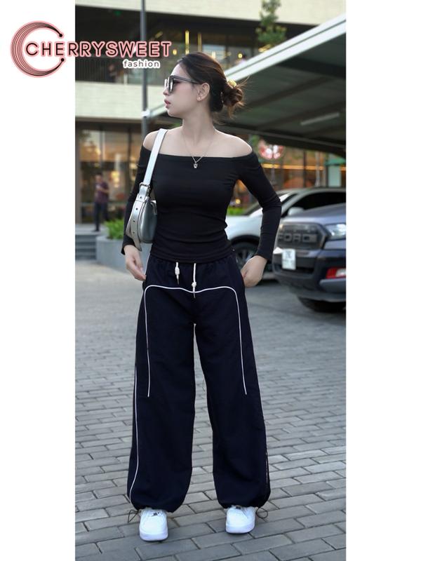 Quần gió nữ Cherrrysweet thể thao vải dù chất lượng cao có dây rút viền phối màu đẹp T131 Women Pants Sport 4