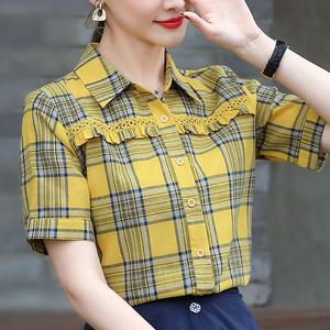 Korean Style Short Sleeve Checked Shirts Women Summer New Version Polo collar Fashion Basic Blouse Lady Temperament Plus Size Tops