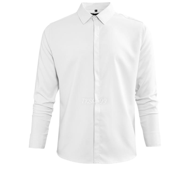 Áo Sơ Mi Nam Trắng Đen Trơn Màu Lụa Dài Tay Nẹp Cúc Chống Nhăn Menswear Nam Có Cổ Trơn Đen Cổ Tròn 4