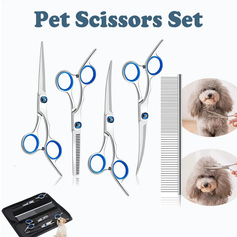 5 Pcs Pet Scissors Set Pet Grooming Scissors Curved Cutting Scissors Hair Combing Tool