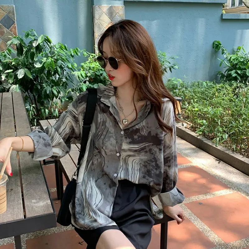 Áo Sơ Mi Dài Tay In Mực, Phong Cách Cổ Điển Dành Cho Nữ, Hàng Mới Về Mùa Thu, Phong Cách Hàn Quốc, Dáng Rộng Vừa Vặn, Phong Cách Hồng Kông, Thiết Kế Đẹp, Áo Sơ Mi Độc Đáo