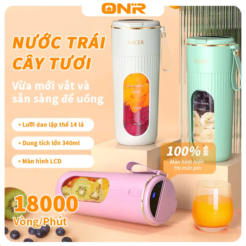 ONR,Máy Xay Sinh Tố Cầm Tay Di Động 340ml Thông Minh 14 Lưỡi Sạc Pin 1300mah Tích Hợp Màn Hình Led Hiển Thị Pin Máy  Xay Mini Máy  Xay