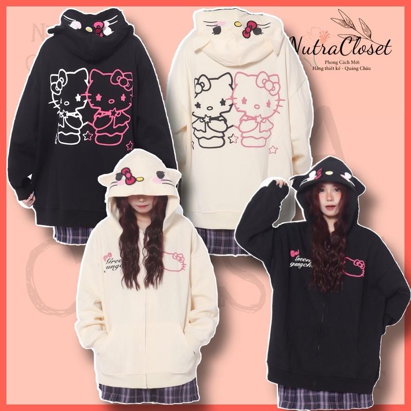 Áo khoác nỉ ngoại in mèo kitty có nón dây kéo dễ thương unisex nam nữ áo hoodie hello kitty