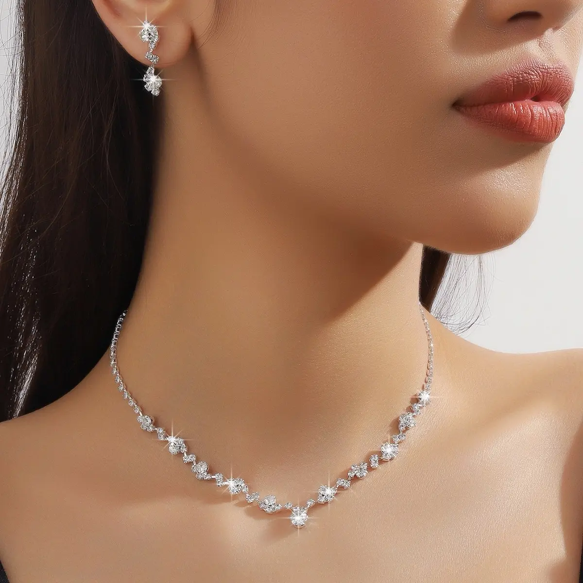 Set dây chuyền+hoa tai,đính đá sang trọng thiết kế đơn giản phong cách Hàn Quốc