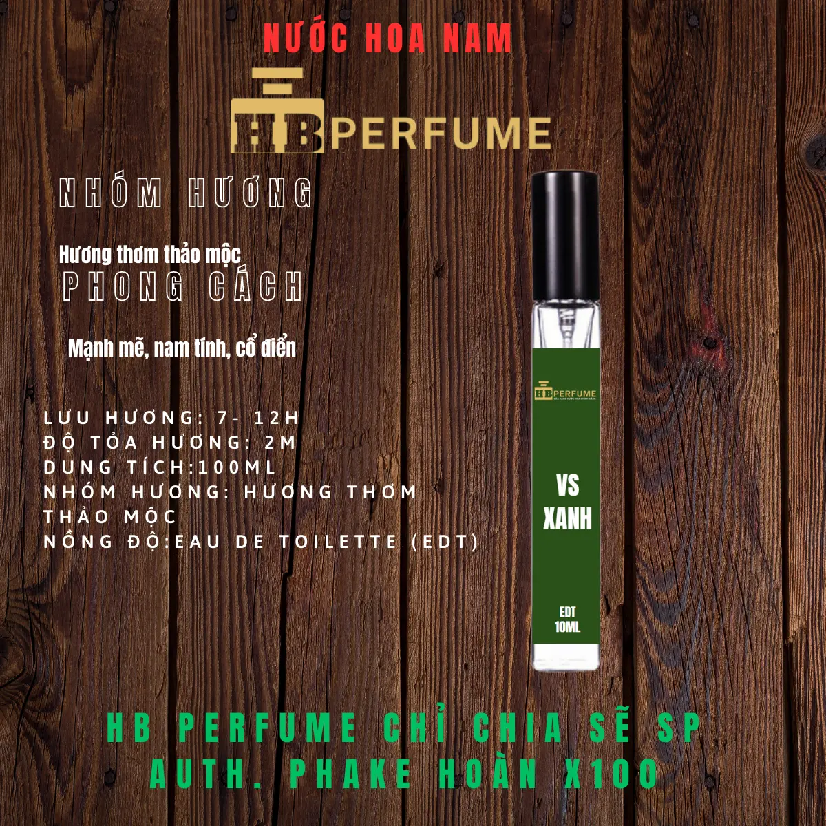 [Chuẩn Auth]HB Perfume. 10ml VS XANH, nước hoa nam. Cosmetic Xịt Thơm sản phẩm đơn cồn và tinh dầu tạo mùi hương