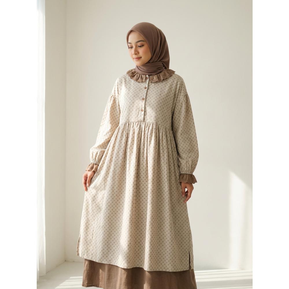 CHICMORE Gaun Manis Kerah Setengah Terbuka Bermotif Bunga Lengan Panjang