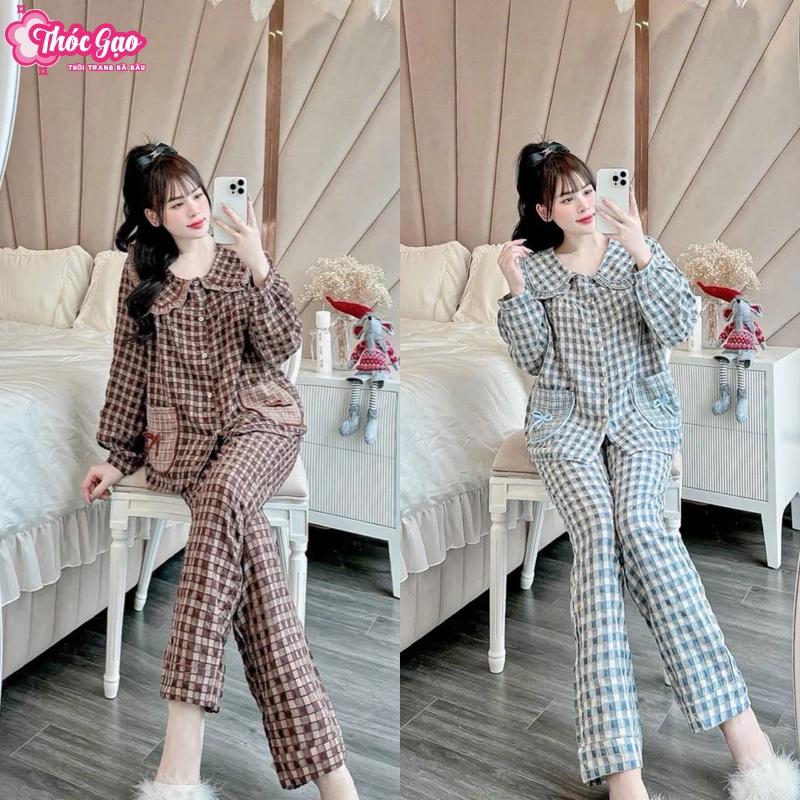 Bộ bầu - Bộ sau sinh chất đũi gân nhung kẻ túi nơ cổ bèo mát mẻ dễ mặc cho mẹ bầu áo có khoá kéo ti quần có chun chỉnh X039