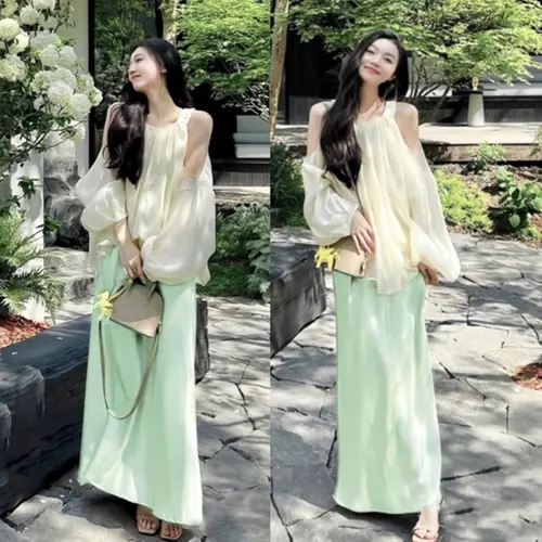 Sét áo babydoll tay bồng khoét vai chất voan đũi 2 lớp kèm chân váy lụa dáng dài tiểu thư đi chơi dự tiệc sang chảnh, AMEE2 SHOP