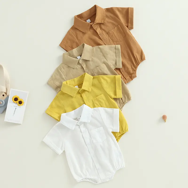 Baby Summer Romper Solid Color Button down Short Sleeve Jumpsuit for Toddler Boy Girls Cute Clothes