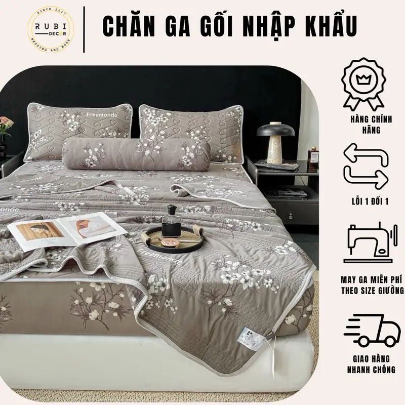 Chiếu cao su Latex Mark Jacob bọc chun kèm chăn 5 món mềm thoáng mát Rubi decor( 1 chiếu, 1 chăn, 2 vỏ gối nằm, 1 vỏ gối ôm) 0