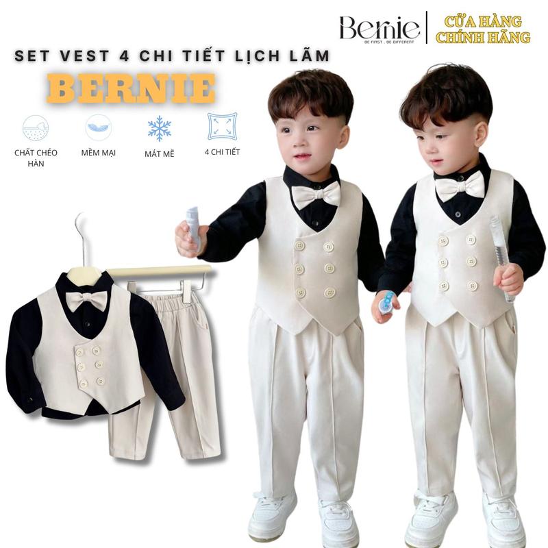 Đồ vest gile dài tay bé trai lịch lãm BERNIE áo màu đen quần dài âu kèm nơ chất liệu kaki hàn từ 9 đến 25kg 1123B014