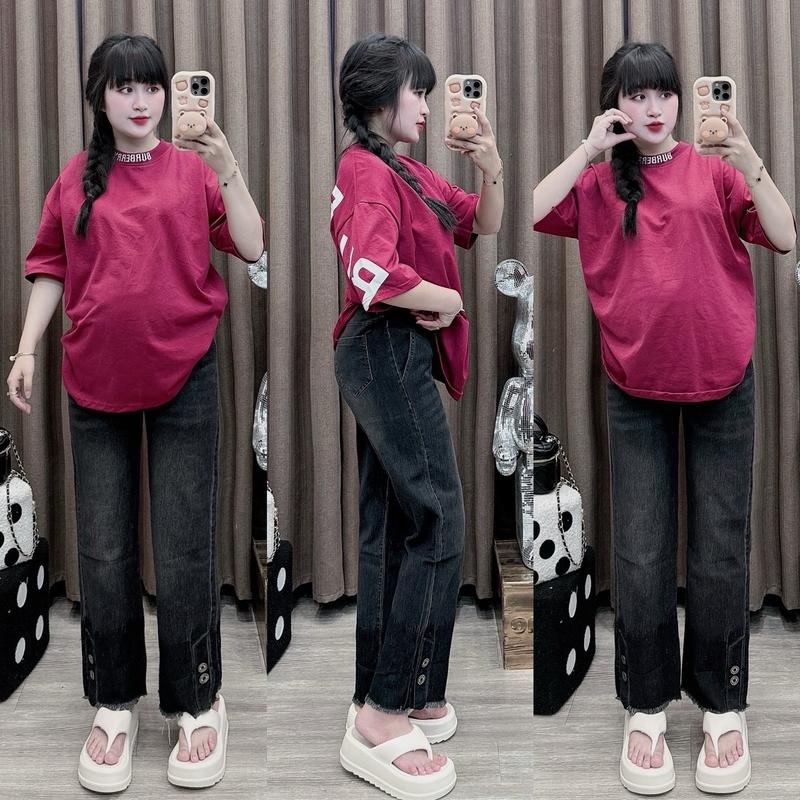 TRINH MIT STORE Quần Bò Bầu Ống Đứng Khuy Gấu Màu Đen Khói Nữ