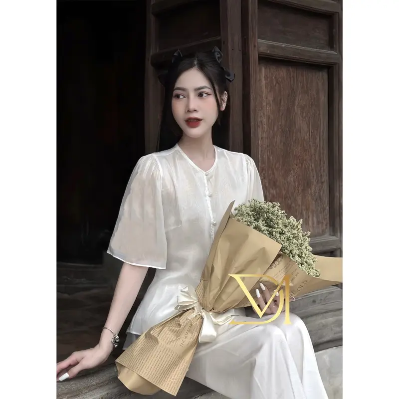Nguyên Bộ Đồ Lam Đi Chùa -Mẫu Voan 2 lớp tay ngắn 1 Nữ Women Top-V1 0