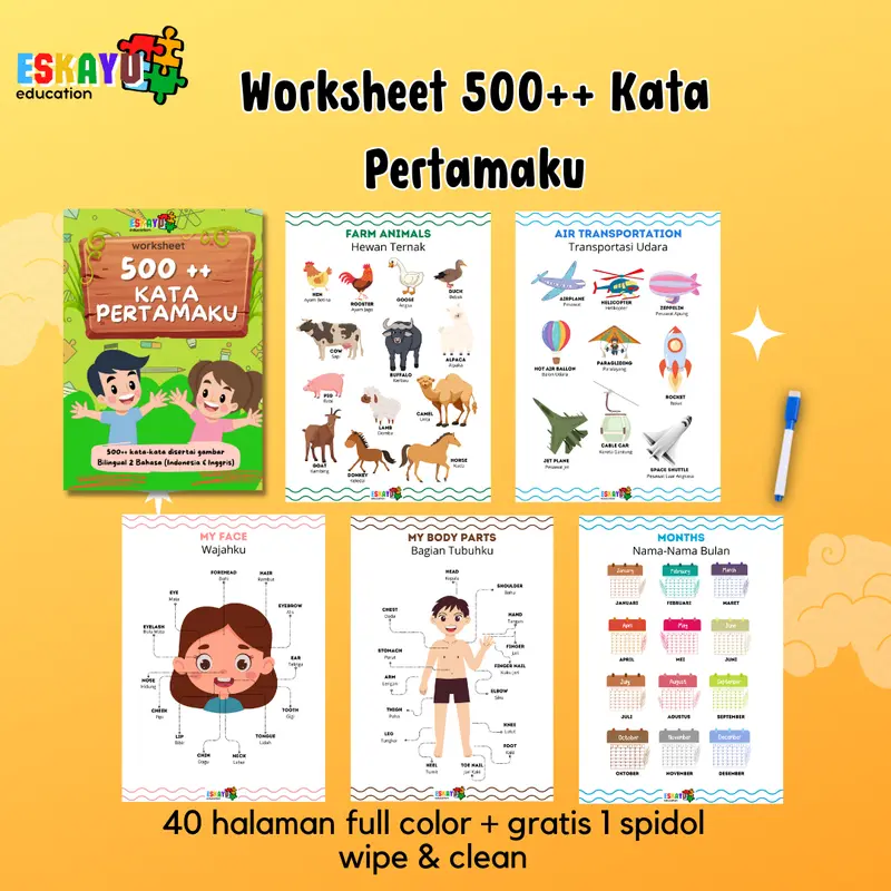 BUKU WORKSHEET 500++ KATA PERTAMAKU wipe and clean / buku pra paud dan pra TK / buku balita / buku anak 2 3 4 5 tahun / buku bayi 1
