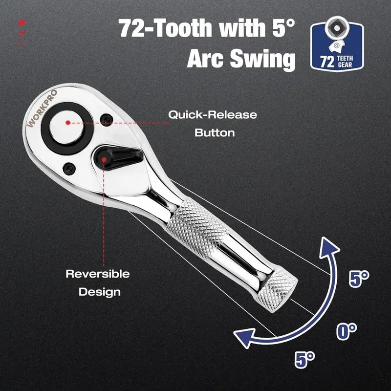 Stubby Ratchet Wrench Set, 1 Set 72-Tooth 1/4" 3/8" 1/2" Drive Socket Wrench, Mini Small Ratchet with CR-MO Head, Quick-Release & Reversible Design 2