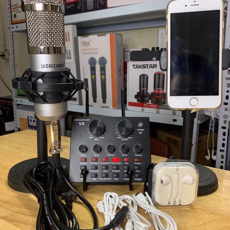 Combo 5 món Bộ mic hát thu âm livestream soundcard V8 và mic Bm900 có dây kèm…