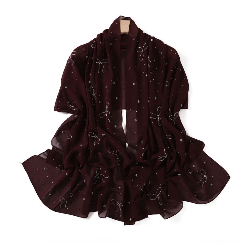 Product Introduction of High-End Heavy Craft Bowknot Rhinestone Solid Color Chiffon Long Scarf Full Rhinestone Shawl Headscarf Cape Scarf Silk Scarf for Women 16