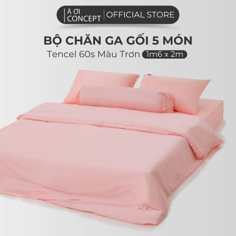 Bộ Chăn Ga Gối Lụa Tencel 60s Trơn Màu 5 Món Cao Cấp 1m2-2m2 - Ngủ Ngon Với Ga Giường Bo Chun, Vỏ Mền, 2 Vỏ Gối Nằm & 1 Vỏ Gối Ôm