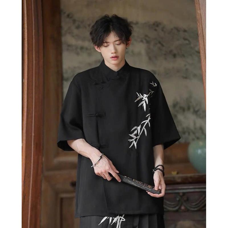  Áo shanghai thêu trúc unisex form rộng cổ điển Nam Menswear 