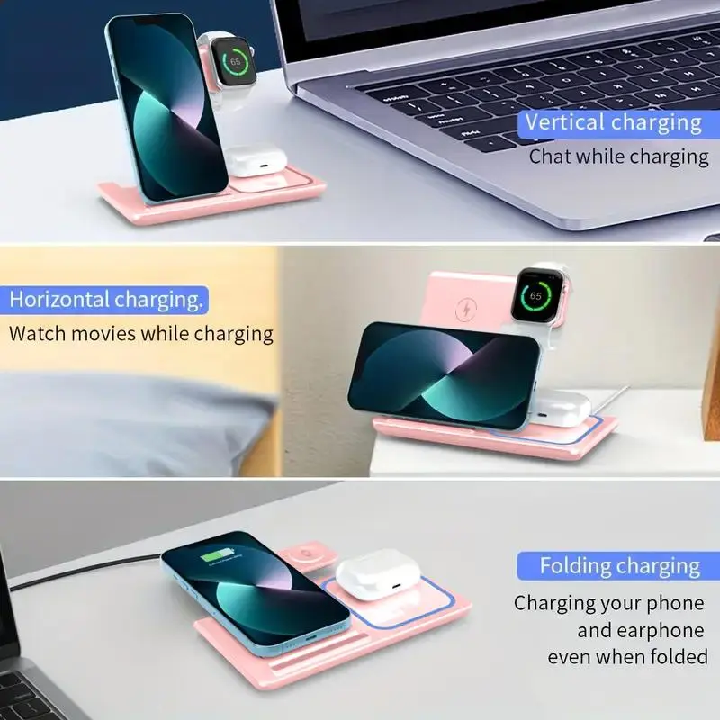 3 in 1 Wireless Fast Charging Stand, 15W Wireless Intelligent Identification Charger, Foldable Storage Travel Charger for Desktop Office Business Trip 5
