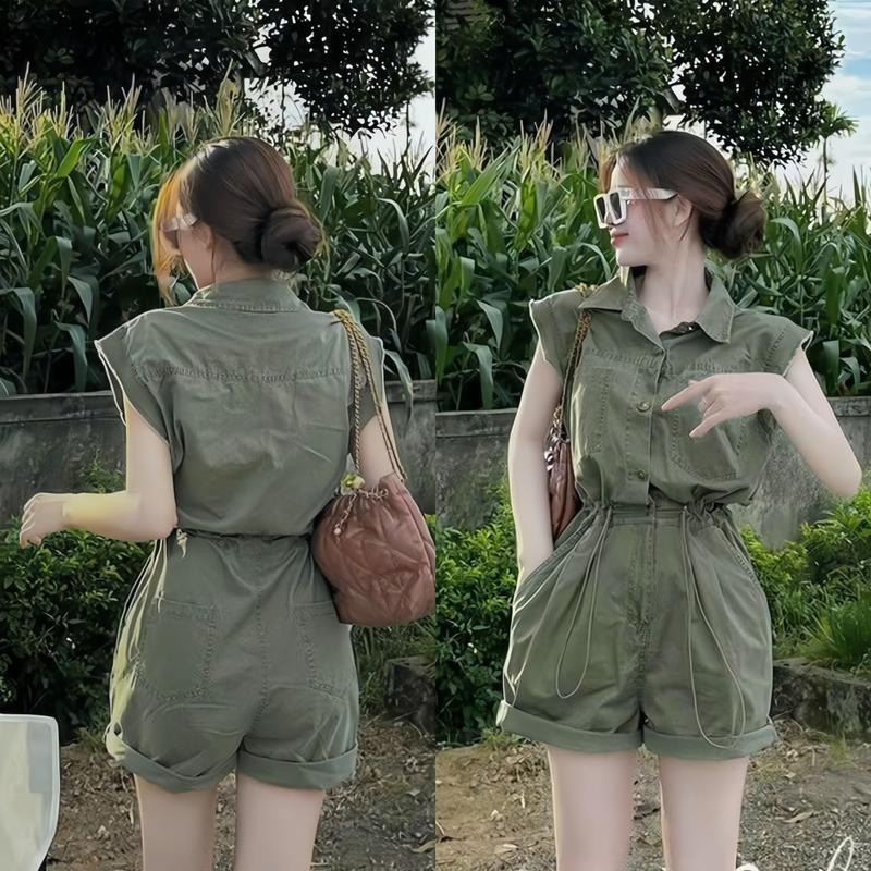 Sét bộ liền thân nữ Jumpsuit jean kaki áo tay ngắn có túi phối quần đùi chun eo màu bò rêu cá tính dể thương - Top