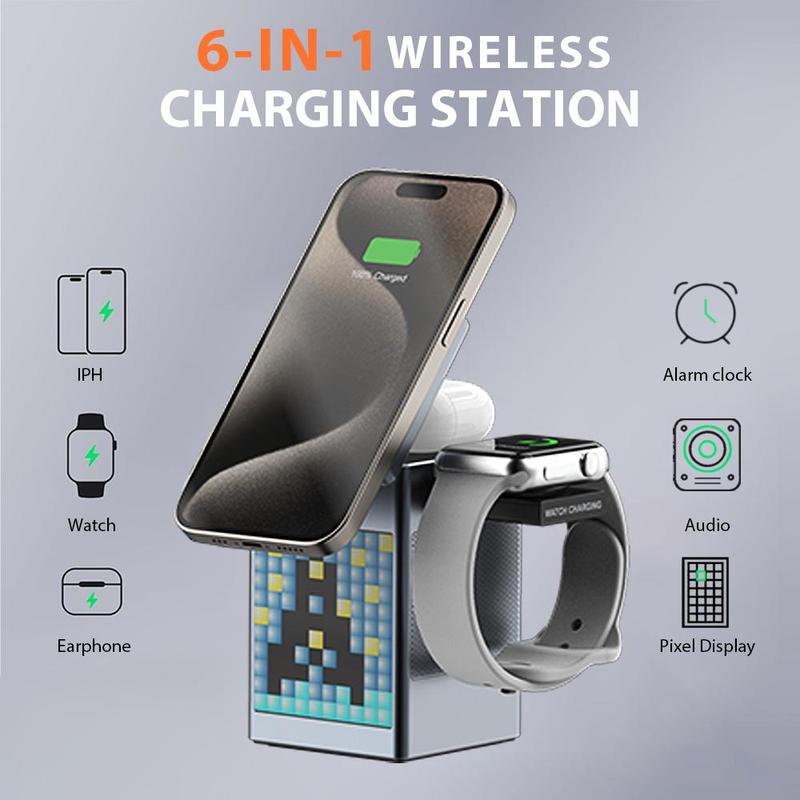 3 in 1 Wireless Charging Station, Multifunctional Wireless Charger with Bluetooth-compatible Speaker Alarm Clock, Fast Charging Station for iPhone 16 15 2
