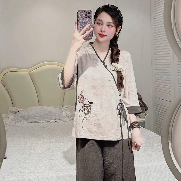 [ FREESHIP ] Set Bộ Đồ Lam Đi Lễ Chùa Nữ Họa Tiết Thêu Áo Phối Viền Tay Chất Liệu Vải Đũi Mềm Mịn Thoáng Mát Size S M L - DL004
