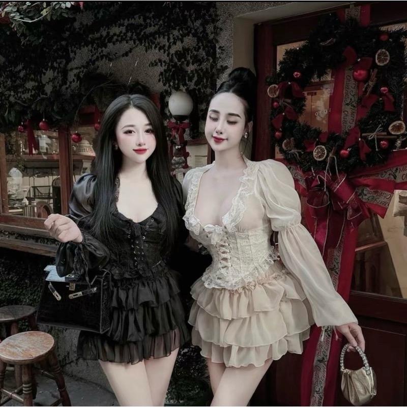 Set Áo Voan Ren Bèo Đan Dây Tiểu Thư Chân Váy Tơ Tầng Lưng Chun Xinh