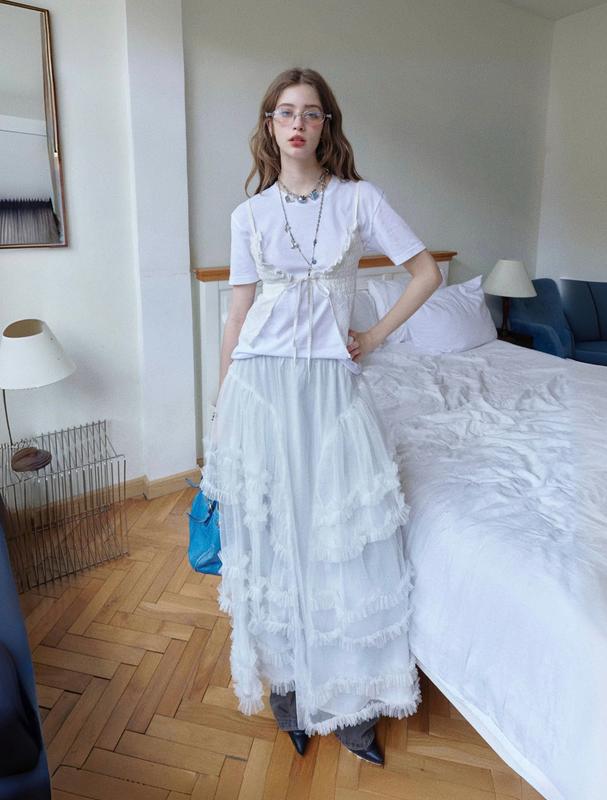 Remmus - Claire Skirt | Chân váy dài xếp tầng ren trắng dáng xoè cho nữ women